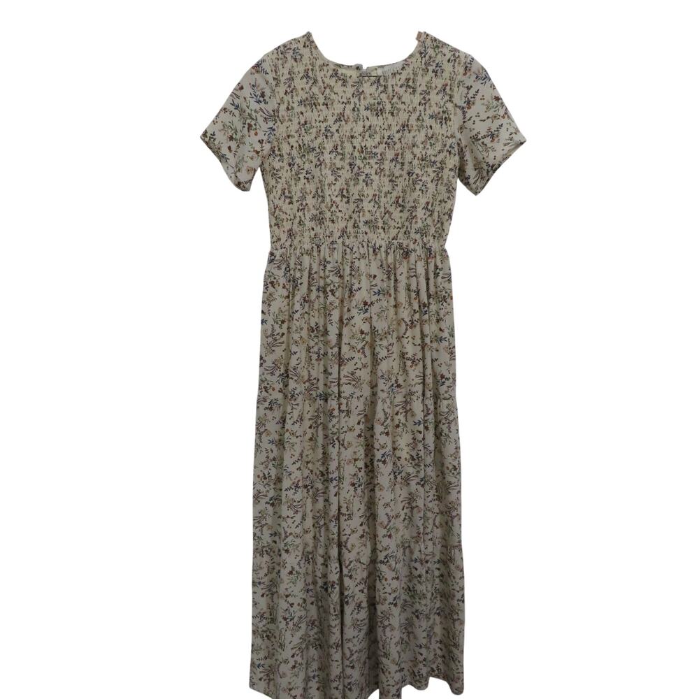 Brass & Roe Women Sz S Cream Floral Dress Romantic Cottagecore Midi Feminine